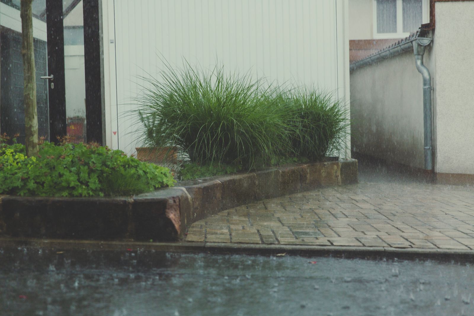 Rain falling on a paved residential courtyard with pooling water along the curb and wet brick pavers